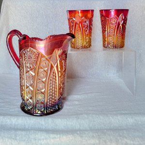 Vintage Indiana Carnival Glass Heirloom Sunset Pitcher w/2 Tumblers